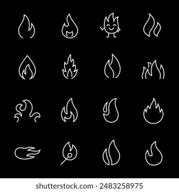 Flames, white line icons. Fire and flames in various shapes. energy and safety themes. Symbols on black background. Editable stroke.
