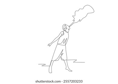 Flamethrower man attraction. Night market concept one-line drawing