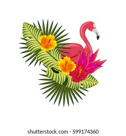 flamigo and tropical flowers and leaves over white background. colorful design. vector illustration