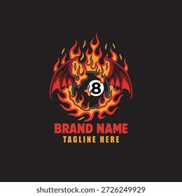 Bola llameante 8 con diseño de logotipo de alas de murciélago sobre fondo oscuro