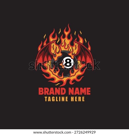 Flaming 8 Ball with Bat Wings Logo Design on Dark Background