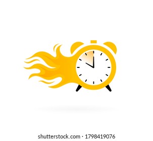 Flaming alarm clock label. Timer in flames. Geometric flat banner. Modern vector illustration.