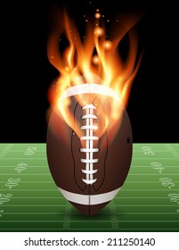 A flaming american football on field. Vector EPS 10. Vector contains transparencies and gradient mesh.
