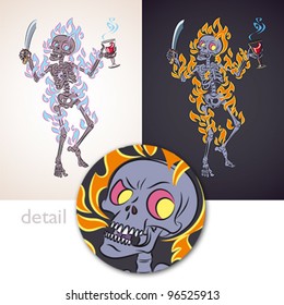 El esqueleto florido y furioso, armado con un cuchillo, sostiene un vaso de sangre. Caricatura vectorial que se adapta al diseño de tatuajes o camisetas.