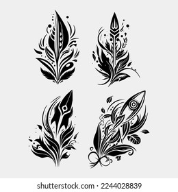 Flaming arrow on White Background. Tribal Stencil Tattoo Design Concept. Flat Vector Illustration.
