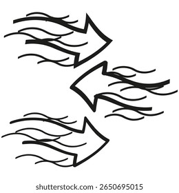 Flaming arrow set. Fiery motion symbol. Burning speed Vector. Hot energy graphic.