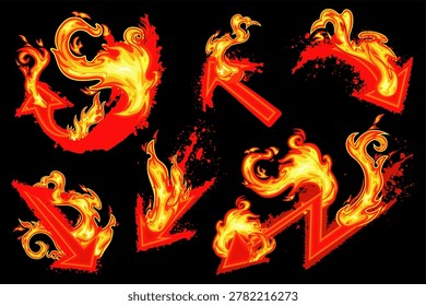 Flaming Arrow Vector Illustration Set. A bold and energetic set of arrow illustrations engulfed in bright flames, designed with dramatic motion and vibrant colors. Perfect for digital artwork, promotional visuals, gaming assets, extreme sports branding, and creative graphic design.