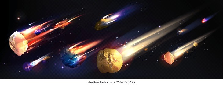 Flaming asteroid and colorful comets. Realistic celestial objects blazing through deep space and leaving luminous trails of fire and cosmic dust for game backgrounds or scientific astronomical design.