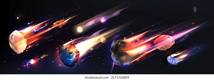 Flaming asteroid and colorful comets. Realistic celestial objects blazing through deep space and leaving luminous trails of fire and cosmic dust for game backgrounds or scientific astronomical design.