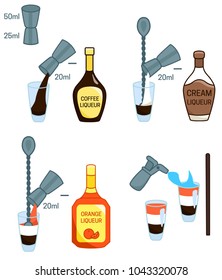Flaming B-52 Cocktail recipe ingredients isolated vector colorful illustration