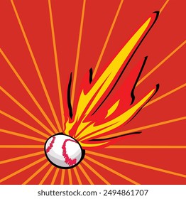 Flaming baseball is flying through a blue and orange comic style background. This illustration would make a great logo or advertisement