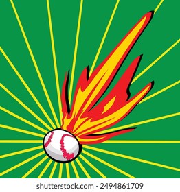 Flaming baseball is flying through a blue and orange comic style background. This illustration would make a great logo or advertisement