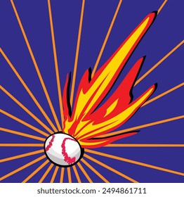 Flaming baseball is flying through a blue and orange comic style background. This illustration would make a great logo or advertisement