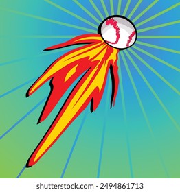 Flaming baseball is flying through a blue and orange comic style background. This illustration would make a great logo or advertisement