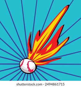 Flaming baseball is flying through a blue and orange comic style background. This illustration would make a great logo or advertisement