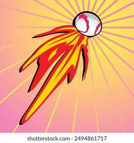 Flaming baseball is flying through a blue and orange comic style background. This illustration would make a great logo or advertisement