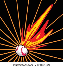 Flaming baseball is flying through a blue and orange comic style background. This illustration would make a great logo or advertisement