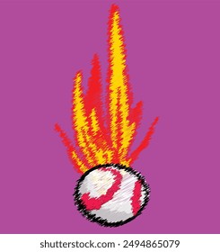 Flaming baseball is flying through a blue and orange comic style background. This illustration would make a great logo or advertisement