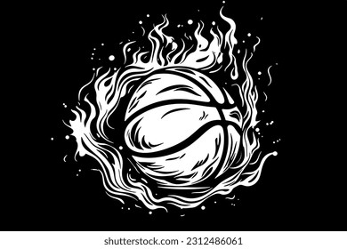 Flaming Basketball art vector. black and white