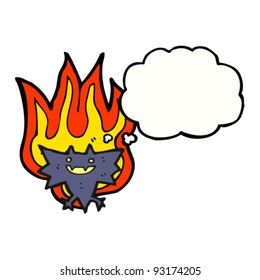 caricatura de murciélago en llamas con burbuja de pensamiento