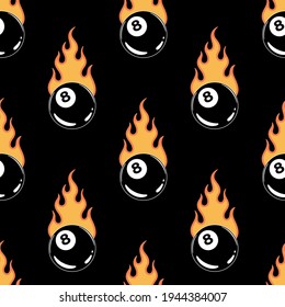 FLAMING BILLIARD 8 BALL COLOR SEAMLESS PATTERN BLACK BACKGROUND