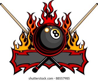 Flaming Billiards Eight Ball with cue sticks Vector Template burning with Fire Flames