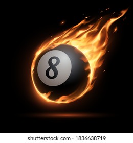 Flaming billiards eight ball on black background