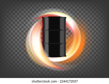 Flaming black oil barrel icon isolated on trandparent. 3d vector icon with fire effect  