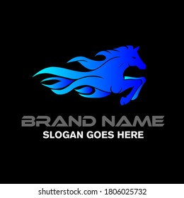 Flaming blue running horse vector logo concept