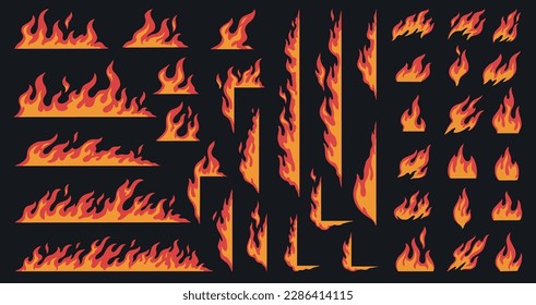 Flaming bonfire set emblems colorful with lines and flames and sparks to create forest fire warning vector illustration