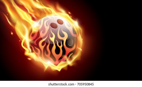 Flaming bowling ball on black background.Tv size banner. Vector clip art illustration.