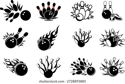 Flammende Bowling Bälle, Pin Strikes und Sport Maskottchen Illustrationen in Schwarz und Weiß