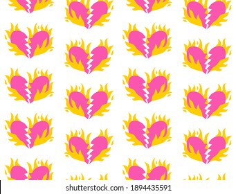 Flaming broken hearts seamless pattern. Vector background. Valentine's day. For textile, prints, posters.