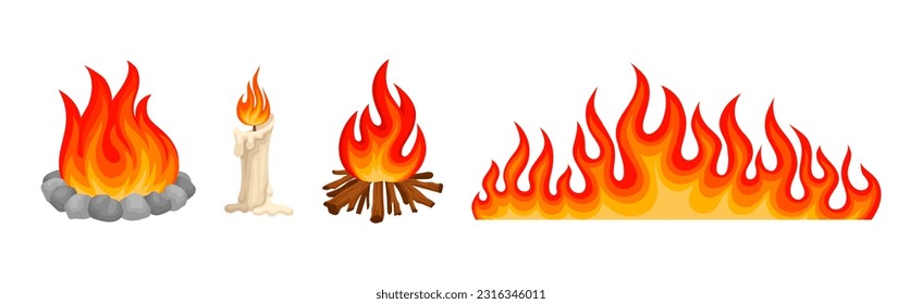 Flaming and Burning Objects with Candle and Bonfire Vector Set