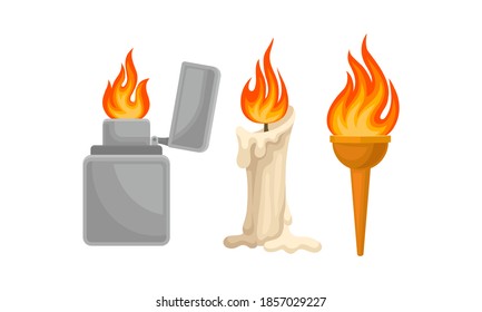 Flaming and Burning Objects with Cigar Lighter and Candle Vector Set