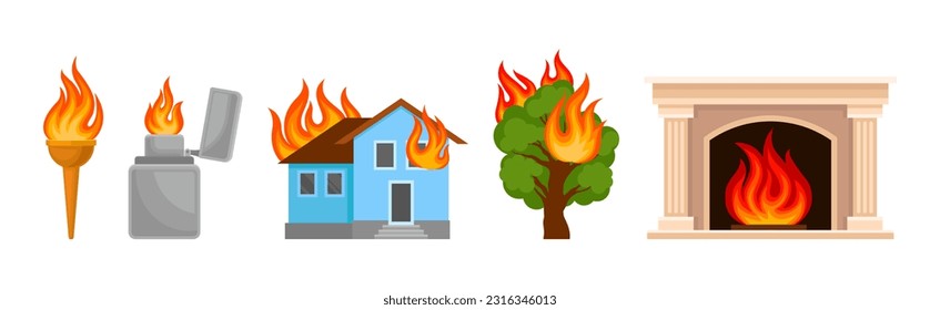 Flaming and Burning Objects with House and Tree on Fire Vector Set