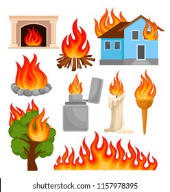 Flaming and burning objects set, sources of fire propagation vector Illustrations on a white background