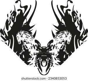 Flaming butterfly wings with horse elements in heart form on white. Scary butterfly symbol for logos, shield or sport emblems, tattoos, prints, textiles, fashion trends, graphics on vehicles, fabrics
