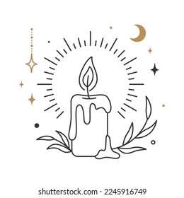 Flaming candle with melting wax. Moon and stars.
Boho mystical hand-drawn vector element isolated on white background