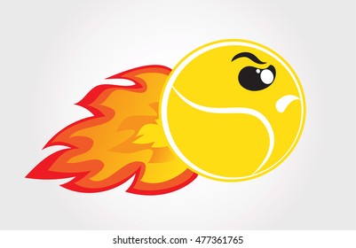 Flaming cartoon ball vector. Tennis ball on fire with angry face.