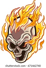 Flaming cartoon skull. Vector clip art illustration with simple gradients. Skull and flames on separate layers.