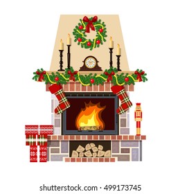 Flaming Christmas fireplace. Xmas decoration, flat vector illustration. Cozy room at new year eve with clock, gifts, candlesticks. For postcards, greetings, prints, textile, web background, banner