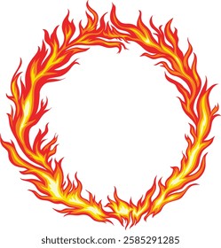 Flaming circular frame with realistic fire effect. Perfect for sports graphics, posters, logos, and branding. High-quality vector EPS file with transparent background for easy customization.