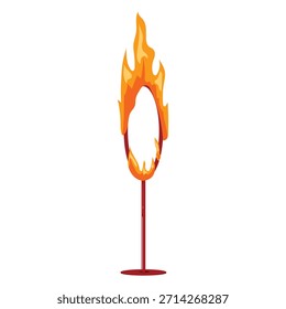 Aro de circo en llamas en el soporte, puntal de truco de anillo de fuego naranja ardiente, elemento de actuación de truco para acróbata o ilustración de acto de salto animal