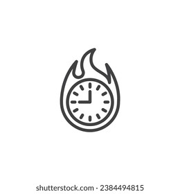 Flaming clock line icon. linear style sign for mobile concept and web design. Fire Time outline vector icon. Deadline symbol, logo illustration. Vector graphics