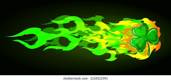 flaming cloverleaf, shamrock icon with a tail of a green fire, hand drawn vector illustration