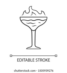 Flaming cocktail linear icon. Martini glass with beverage and burning fire. Drink with flammable alcohol. Thin line illustration. Contour symbol. Vector isolated outline drawing. Editable stroke