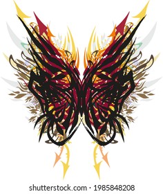 Flaming colored butterfly wings with arrow elements. Grunge butterfly wings splashes  with arrow and floral motifs for holidays and events, prints, textiles, cards, tattoos, wallpaper, etc.