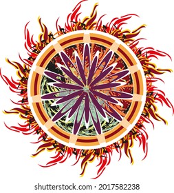 Círculo colorido sobre blanco. Cubierta decorativa detallada con elementos florales y estelares para vacaciones y eventos, fondos y texturas, joyería, textiles, tatuajes, impresiones, tarjetas, papel pintado, etc.