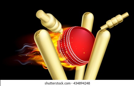 Ein flammender Cricketball auf Feuer trampende Korbstumps